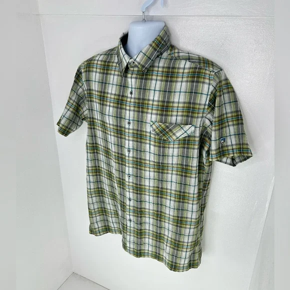 Kuhl Green Plaid Seersucker Button Down Shirt Large Hiking Fishing Outdoors Gorp - Picture 3 of 13